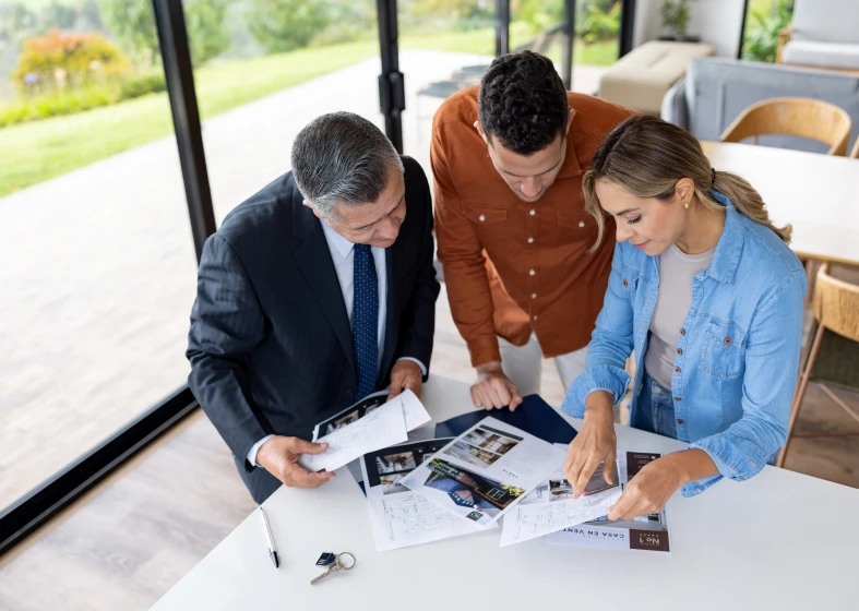 Business team reviewing documents together