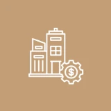 Buildings and gear icon with dollar sign
